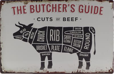 Wandbord – The Butcher's Guide - Slager - Slagerij - Retro - Wanddecoratie – Reclame bord – Restaurant – Kroeg - Bar – Cafe - Horeca – Metal Sign – 20x30cm