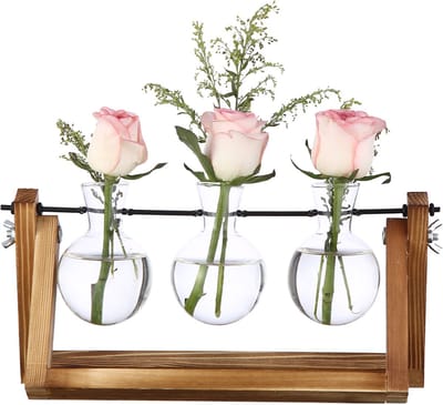Behave Stekpotjes - Glazen Vaasjes met Houten Standaard - 3-delig - Tafeldecoratie - Plantenstekkers