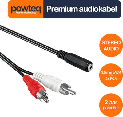 Powteq - 20 cm premium audiokabel - 2x RCA naar 3.5 mm jack (hoofdtelefoonaansluiting) - Stereo