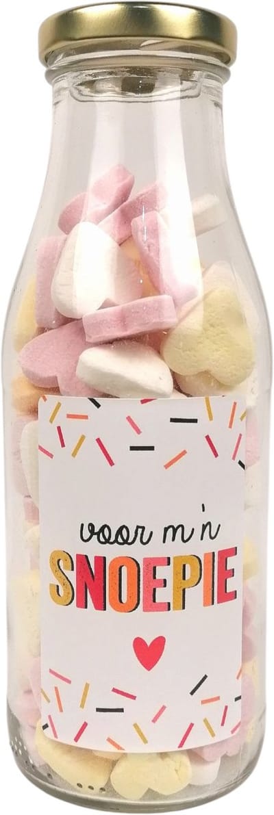 Lief cadeau - fles "Voor m'n Snoepie" gevuld met hartjes - liefde - valentijn