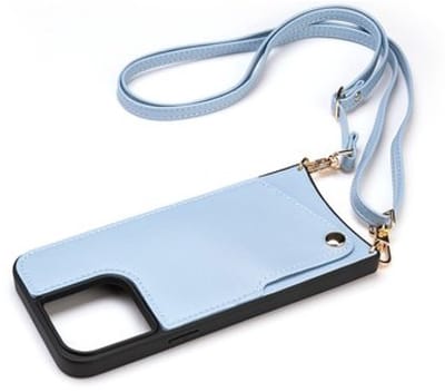 CaseBoutique Backcase hoesje geschikt voor iPhone 15 Pro - Effen Lichtblauw - Kunstleer - met Crossbody Koord & Pashouder