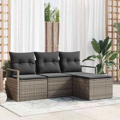 vidaXL Bankstel met kussen met opslag 4 pcs Grijs poly rattan