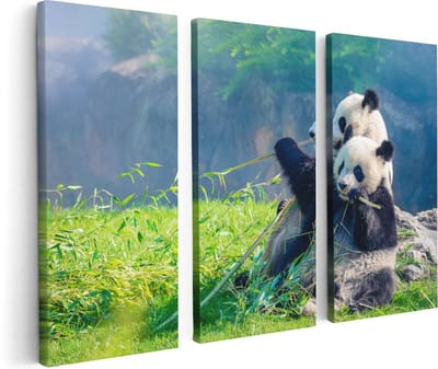 Artaza Canvas Schilderij Drieluik Twee Panda's Eten Bamboe Riet - 120x80 - Foto Op Canvas - Canvas Print