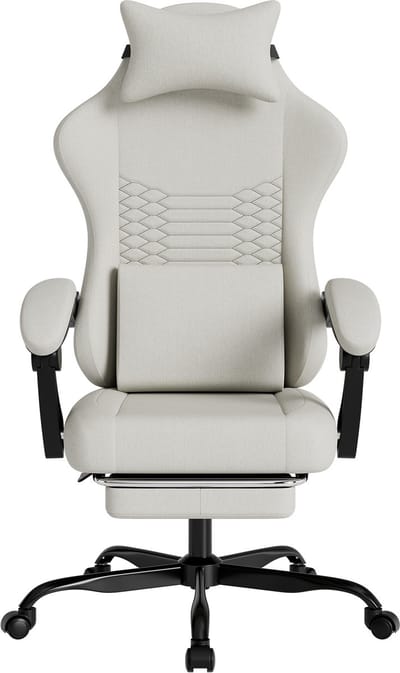 Gamestoel Wit - Stoffen Gamestoel - Ergonomische Bureaustoel - Massage Gamestoel - Hoofdsteun - Voetensteun - Lendenkussen - Gamen - 120,5cm - Wit