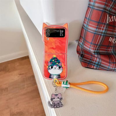 Voor Samsung Galaxy Z Flip 6 5 4 3 Hoesje ZFlip6 Z Flip6 ZFlip 6 Schattige Kerst Kat Hanger Lanyard Kattenoren Schokbestendige Hoes For Z Flip 6