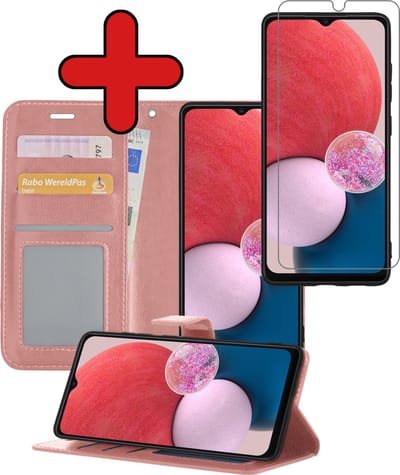 Hoesje - Met Screenprotector - Geschikt voor Samsung Galaxy A13 5G - Luxe Pasjeshouder - Flipcase - Bookcase Portemonee - Flip Case - Kunstleer Book Case - Book Cover - Walletcase - Portemonneehoes - Telefoonhoes - Rosé goud