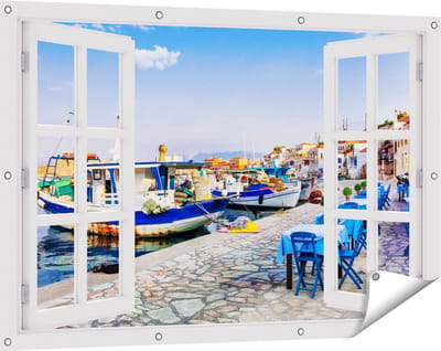 Gards Tuinposter Doorkijk Chalki Eiland - 120x80 cm - Tuindoek - Tuindecoratie - Wanddecoratie buiten - Tuinschilderij