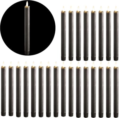 LED-kaarsen met taps toelopende vorm, 24 stuks, echt wasgrijs - met timerfunctie, 6 uur - 23 cm hoog voor kaarsen, 2,2 cm diameter, 2 AAA-batterijen vereist. LED-kaarsen met taps toelopende vorm, set van 4, 6x grijs bewegend vlamlicht.