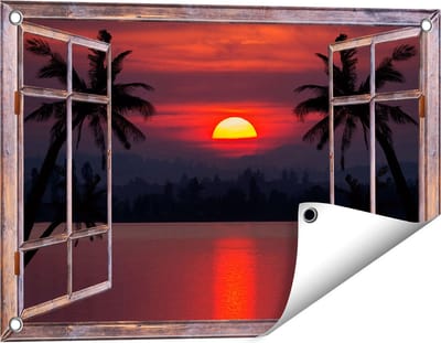Gards Tuinposter Doorkijk Zonsondergang op het Strand met Palmbomen - 60x40 cm - Tuindoek - Tuindecoratie - Wanddecoratie buiten - Tuinschilderij