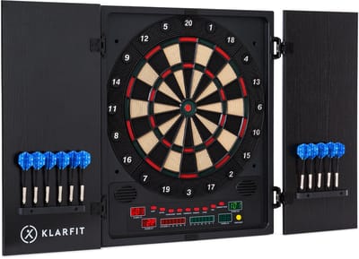 Klarfit Dartbord elektronisch, Profi dartbord voor kinderen & volwassenen, Elektronisch dartbord met 12 kleurrijke dartpijltjes & dartcomputer met LED-display, E-dartbord met deurtjes & pijltjes