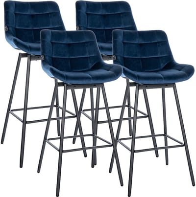 CLP Barkrukken Weston - Set van 4 - 180° Draaibaar met Auto-Return - Met Rugleuning - Gevoerde Zitting - Metalen Onderstel - zwart/blauw