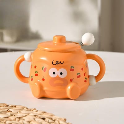Melkbeker met Deksel Grappige Uitdrukking Beker Keramische Melkbeker Dubbel Oor Waterbeker met Deksel Havermoutbeker 420ml
