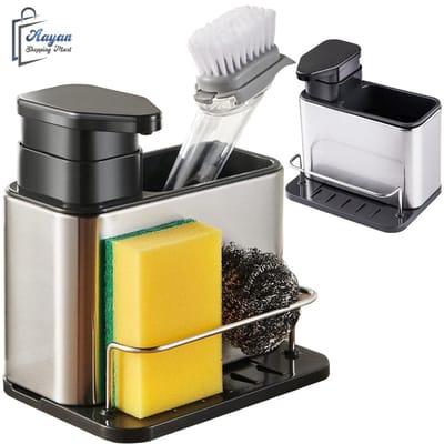 Gootsteenorganizers met Zeeppompje – 2-in-1 Dispenser & Opbergvak voor Spons – zeeppompje zwart – zeeppompje vrijstaand - 340ml - 63478