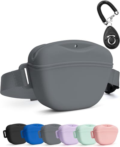 Hondensnoepzakje met trainingsclicker, verbeterde sterkere magnetische sluiting om morsen te voorkomen, 395ml siliconen traktatiezak, heuptasje met heupriem voor huisdiertraining en wandelen, Grijs