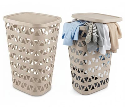 Curver Wasmand met deksel - 2x - ventilatiegaatjes - beige - kunststof - 55 ltr - 42 x 34 x 60 cm