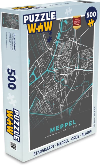 Puzzel Stadskaart - Meppel - Grijs - Blauw - Legpuzzel - Puzzel 500 stukjes - Plattegrond