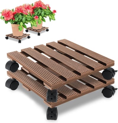 WPC plantenroller vierkant met 360 graden wielen en rem - 30x30 cm