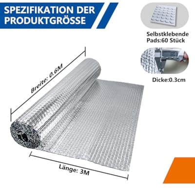 Gealuminiseerde Isolatiefolie 60 cm x 3 m - Dubbelzijdige Aluminium Luchtkussenfolie voor Isolatie, Radiatoren en Ramen