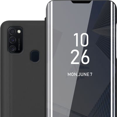 Cadorabo Hoesje geschikt voor Samsung Galaxy M21 / M30s in TOERMALIJN ZWART - Clear View Spiegel Beschermende Case met Tribunefunctie 360 Graden Bescherming Book Case Cover Etui