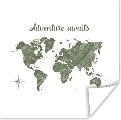 Poster 30x30 cm - Wereldkaart - Quote - Groen - Posters - Kamer decoratie - Wanddecoratie woonkamer - Muurdecoratie slaapkamer