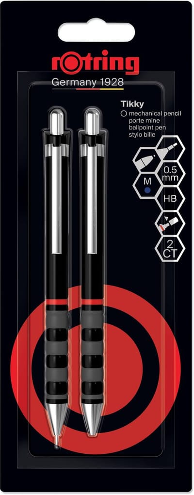 rOtring Tikky vulpotlood- en balpenset | Grafiet HB, 0,5 mm potlood | Pen met medium punt | Zwarte huls | Lichtgewicht met rubberen grip