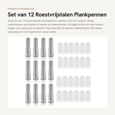 Dailygoods- Plankpennen 12 Stuks - Roestvrij Staal - Planksteunpennen - Siliconen Hoezen - Verstelbaar - 6,35mm/5mm Kopdiameter - Antislip. - Planksteunen