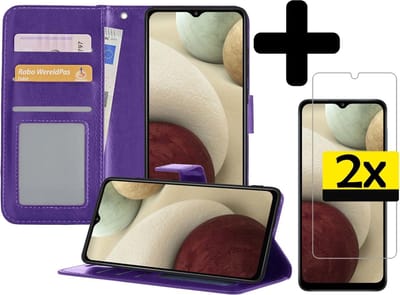 Hoesje - Met 2x Screenprotector - Geschikt voor Samsung Galaxy A12 - Luxe Pasjeshouder - Bookcase Portemonee - Flip Case - Kunstleer Book Case - Flipcase Hoes - Book Cover - Walletcase - Portemonneehoes - Telefoonhoesjes - Paars