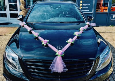 AUTODECO.NL - DRINA Auto Versiering - Trouwauto Decoratie Roze Lint met 9 Rozen - Bruidsautodecoratie -Licht Roze Rozen & Tule - Motorkap Versiering - Autobloemstuk Bruiloft - Bloemen op de Auto - Bloemen op de Motorkap- Trouwerij - Huwelijk