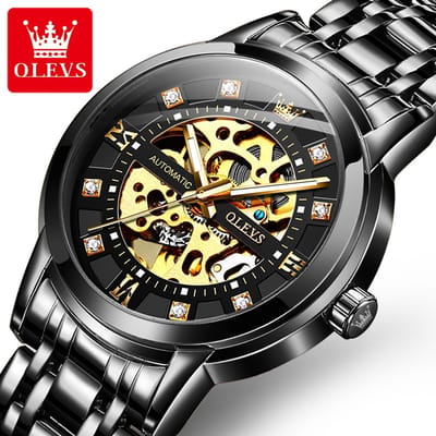 HO-9901.zw-zw : Olevs zwart automatisch/mechanisch edelstaal heren skeleton horloge, 3BAR, tourbillon, luminiscerend