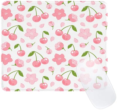 Muismat met klein patroon voor meisjes, vierkante schattige roze muismat met anti-slip rubber, gestikte rand Think 3 mm computermuismat voor kantoor thuis, kersenbloemen