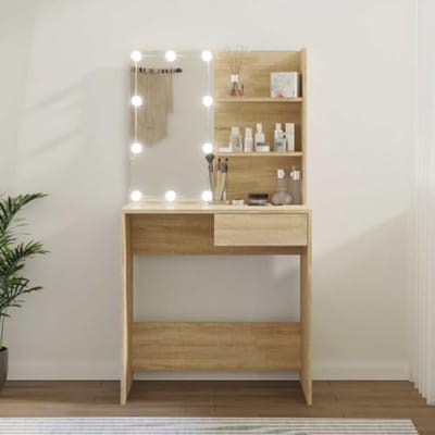 VidaXL Dressing Table With LED 74.5x40x141cm Carved Wood Sonoma Oak Color - Makeup Table For Bedroom, Wall Table