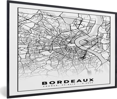 Fotolijst incl. Poster Zwart Wit- Kaart - Stadskaart - Frankrijk - Bordeaux - Plattegrond - Zwart wit - 60x40 cm - Posterlijst