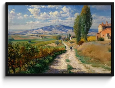 Poster in lijst - Fotolijst 90x60 cm - Posters - Mensen - Wandelen - Zandpad - Velden - Posterlijst zwart - Decoratie - Wanddecoratie woonkamer - Muurdecoratie slaapkamer
