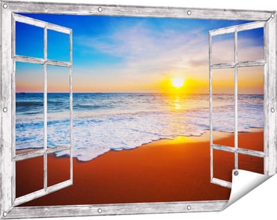 Gards Tuinposter Doorkijk Strand en Zee tijdens Zonsondergang - 120x80 cm - Tuindoek - Tuindecoratie - Wanddecoratie buiten - Tuinschilderij