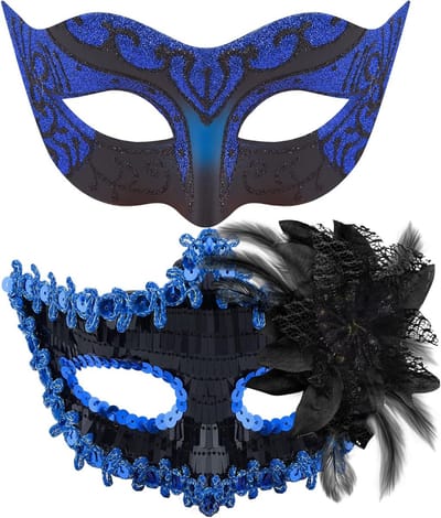 Set van 2 Venetiaanse Maskers voor Halloween en Carnaval - Zwart en Blauw Kostuumaccessoires voor Feestjes en Theatrale Optredens