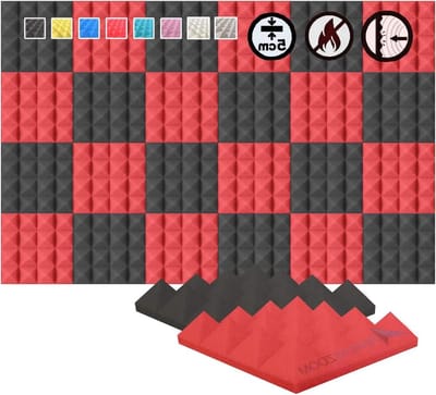 Akoestische Panelen - Geluidsisolatie Schuim - Geluidsverbetering Studio - Hoge Dichtheid Schuim - 25x25x5 cm - Zwart/Rood
