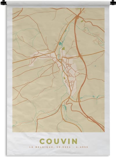 Wandkleed - Wanddoek - Kaart - Stadskaart - België - Plattegrond - Couvin - 120x180 cm - Wandtapijt