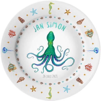 World of Mies geboortebordje met naam – handgeschilderde octopus – gepersonaliseerd kinderbordje - kraamcadeau