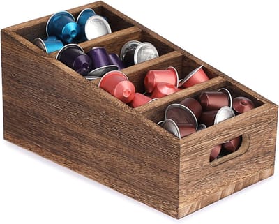 Houten Opbergmand met 4 Compartimenten, Ideaal voor Keuken en Pantry, Organiseer Koffiecapsules, Theezakjes en Specerijen