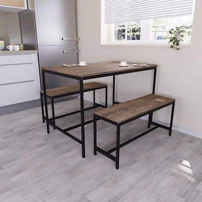 Eettafel voor 4 Personen met 2 Banken - 3-delige Set, Massief Metalen Frame
