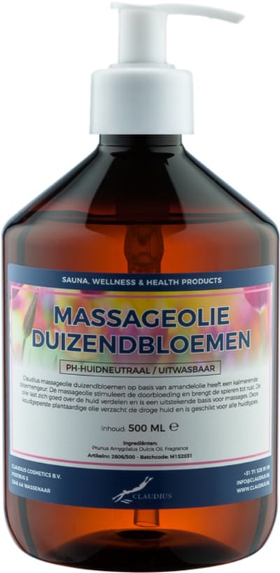 Massageolie Duizendbloemen 500 ml met witte pomp - 100% natuurlijk - biologisch en koud geperst