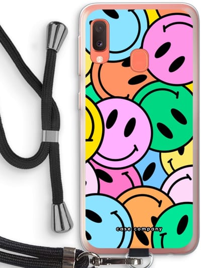 Case Company® - Hoesje met koord geschikt voor Samsung Galaxy A20e hoesje met Koord - Smiley N°1 - Telefoonhoesje met Zwart Koord - Bescherming aan alle Kanten en Over de Schermrand