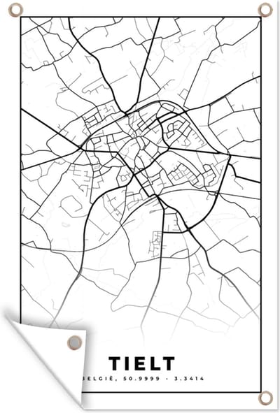 Muurdecoratie Kaart – Plattegrond – Stadskaart – Tielt – België – Zwart Wit - 120x180 cm - Tuinposter - Tuindoek