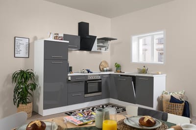 Hoekkeuken 260 cm - complete keuken met apparatuur Amanda - Wit/Grijs - soft close - keramische kookplaat - vaatwasser - afzuigkap - oven - spoelbak