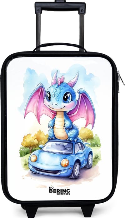 NoBoringSuitcases.com® - Kinderkoffer jongen - Kindertrolley meisje - Baby draak op blauwe auto in bosrijk landschap - Koffer kind lichtgewicht - Reiskoffer trolley voor kinderen - Koffertje met lichtgevende wieltjes - Rolkoffer zwart