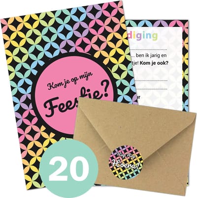 Uitnodiging Kinderfeestje + Enveloppen & Sluitstickers - Voordeelset 20 stuks - Disco Uitnodiging verjaardag - Jongen of meisje - uitnodigingskaarten + kraft envelop - Verjaardag Feest