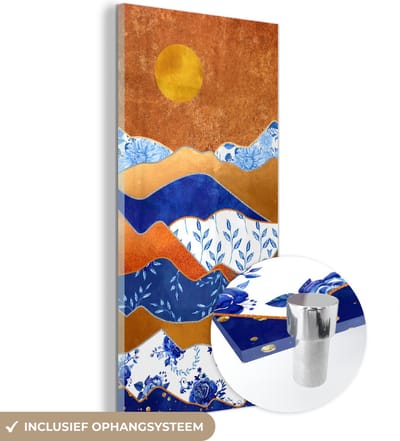 MuchoWow® Glasschilderij 20x40 cm - Schilderij acrylglas - Delfts Blauw - Goud - Bloemen - Foto op glas - Schilderijen