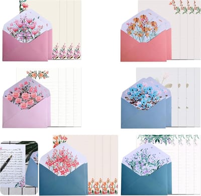 Briefpapier en enveloppenset, 36 stuks, 24 schrijfpapier en 12 enveloppen voor kantoor, school en uitnodigingen in 6 stijlen