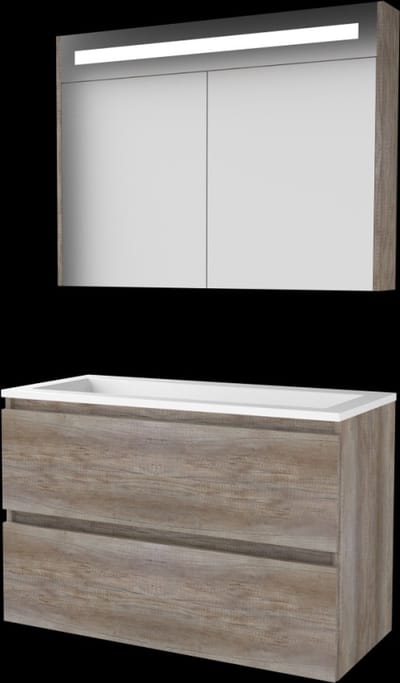 Basic Premium 46 badmeubelset met spiegelkast met geïntegreerde LED verlichting, greeploze wastafelonderkast met 2 lades en acryl wastafel zonder