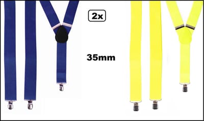 2x Bretel blauw en geel - breed 35mm - Themafeest party fun evenement verjaardag feest bretels